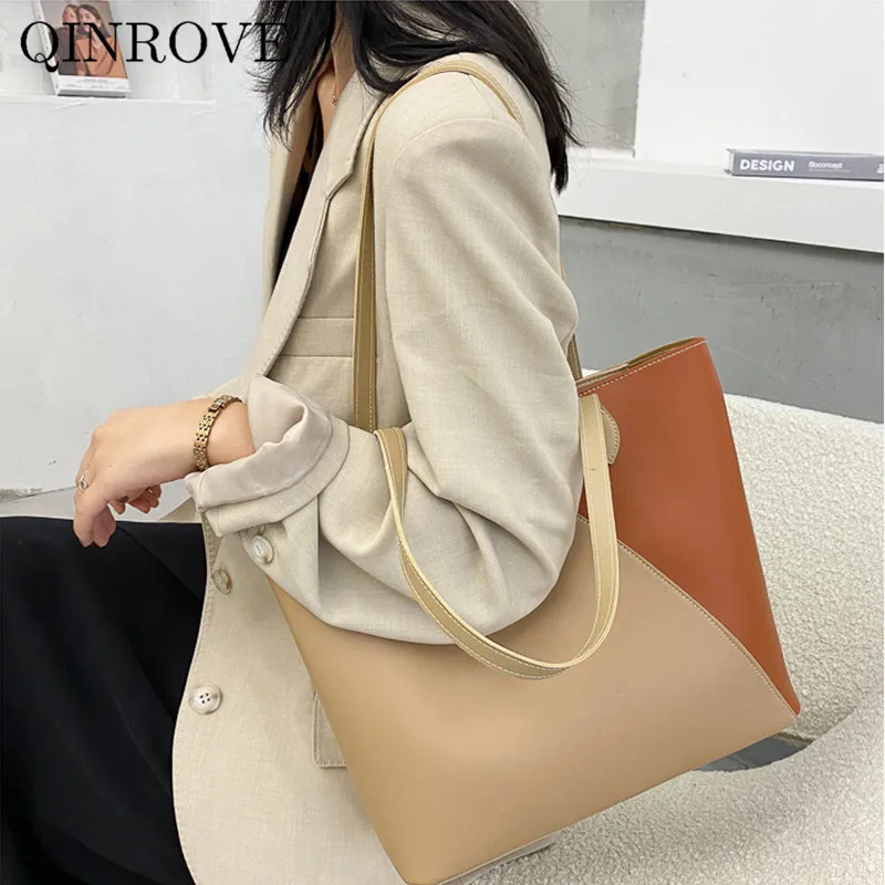 

Double Top-handle PU Leather Shoulder Bag Women 2021 Tote Bag New Fashion Two-tone Handbag Female Large Capacity Shopper Bag