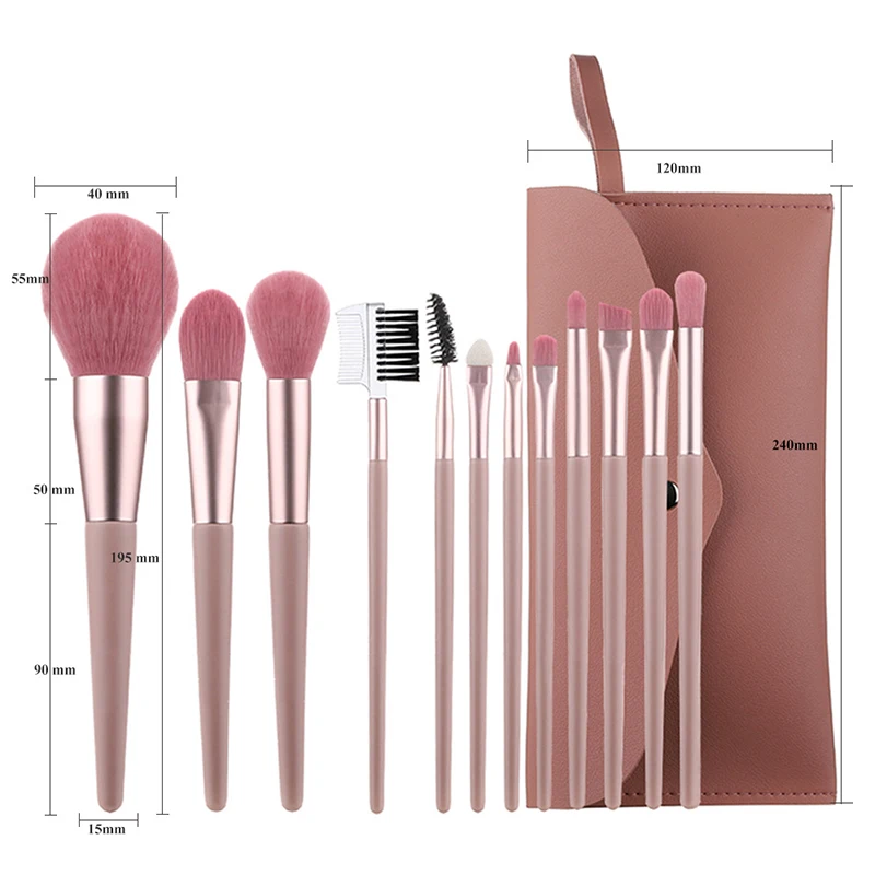 

12 Nude Pink Makeup Brush Set Beauty Tools Loose Powder Blush Eye Shadow Bag Paint Bevel Trimming Flame Highlight Medium