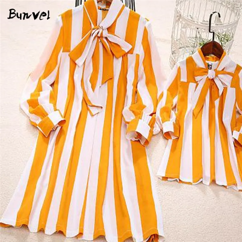 bunvel Autumn Mother and Daughter Dress Long Sleeve Yellow Striped Baby Dresses Girl Vestidos f | Мать и ребенок