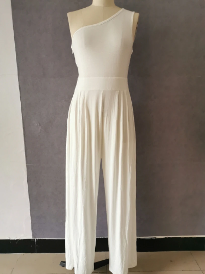 

Women One Shoulder Wide Leg Solid Casual Jumpsuits