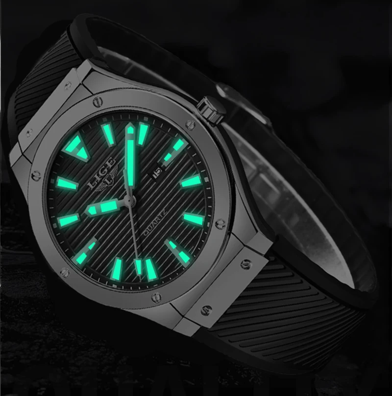 Часы наручные LIGE Мужские кварцевые с силиконовым ремешком брендовые Роскошные