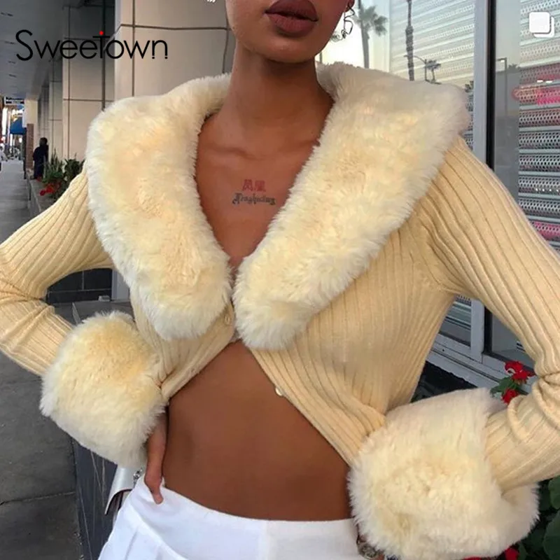 Y2K Sweetown Ribbed Knit Ladies Cardigans Sweaters with Fur Trim Collar – Long Sleeve, Slim Fit, Ideal for Autumn and Winter – Women's Knitwear image 3