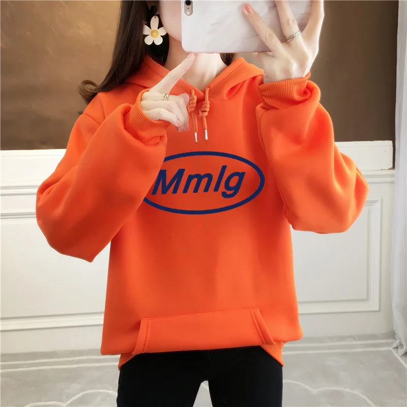 

CN 2020 Autumn Winter Korean Hooded Sweatshirts Casual Letter Printing Hoodies Loose Fleece Long Sleeve for Women Sweatshirt