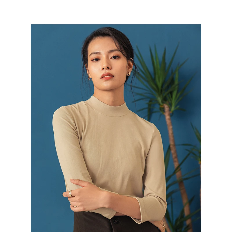 Женская Базовая футболка INMAN Однотонная с круглым вырезом и рукавом 3/4 весна 2019 |