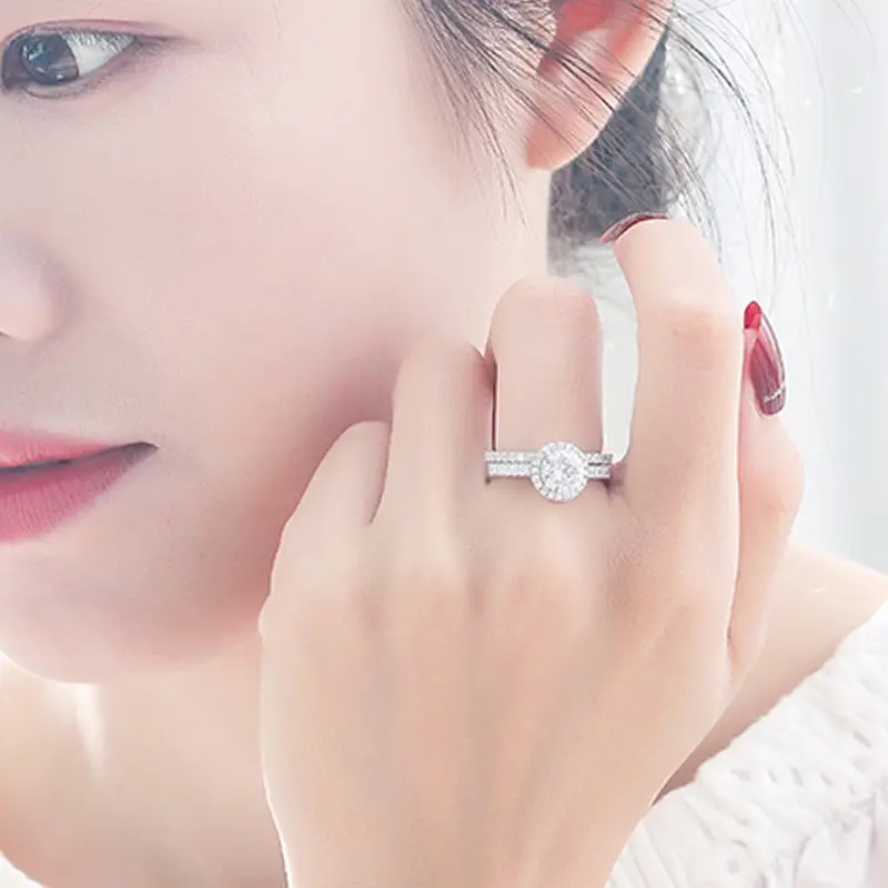 

Jaza Fine Luxury 925 Sterling Silver Female Round Wedding Ring Set Bridal Engagement Promise Zircon Stone Ring Lady Women B0284