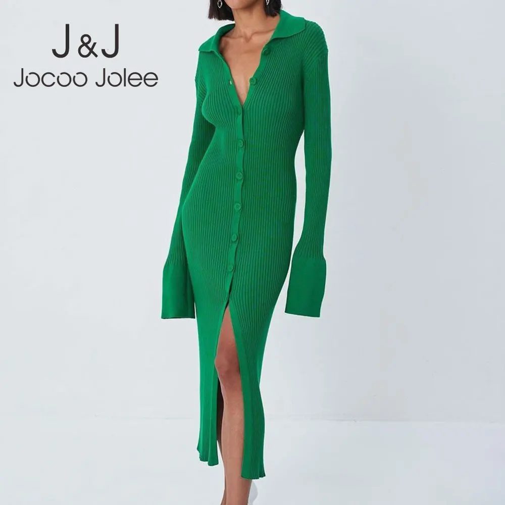 

Women Korean Fashion Pole Neck Bodycon Knitting Dress Elegant Button Long Sleeve Vintage y2k Green Harajuku Sweater Long Dress