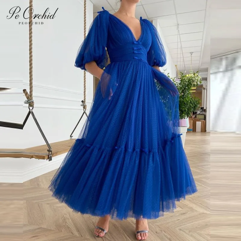 

PEORCHID 2021 Королевский синий Shrt Выпускные платья с рукавами простой тюль чай Длина Formele Jurken вечерние платья для женщин вечерние