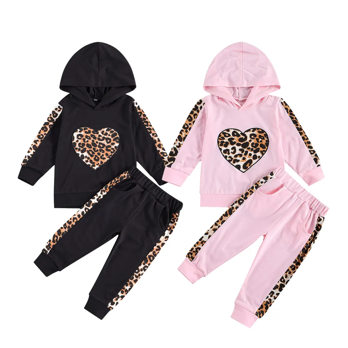 

Baby Girl Leopard Clothes Sets Heart Shape Hoodies Top Hooded Sweatshirt Pants Sweatpants 1-5Y Kids Children Casual Outfits