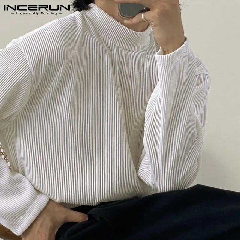 

New Men Camiseta Casual Streetwear Korean Style Tees Bumpy Pit Stripe Long Sleeve Pullover Bottoming T-shirts S-5XL INCERUN 2023