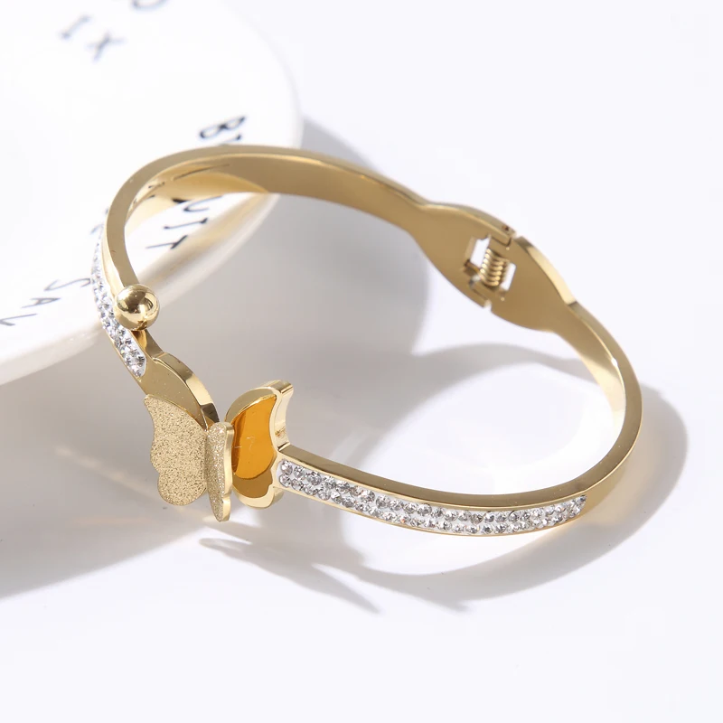 

Butterfly Crystal Stainless Steel Clay Stone Bangles Bracelets For Women Girls Fashion Cuff Bangle CZ Bracelet Jewelry Gifts