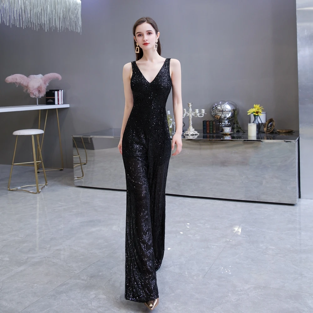 

Черные вечерние платья с блестками в стиле ампир 2020, элегантный комбинезон с v-образным вырезом и открытой спиной, формальный брючный костюм...