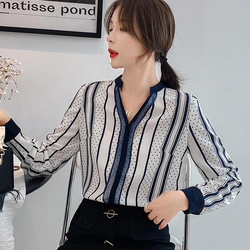 2020 шикарные полосатые женские модные Осенние Синие шифоновые офисные Топы с