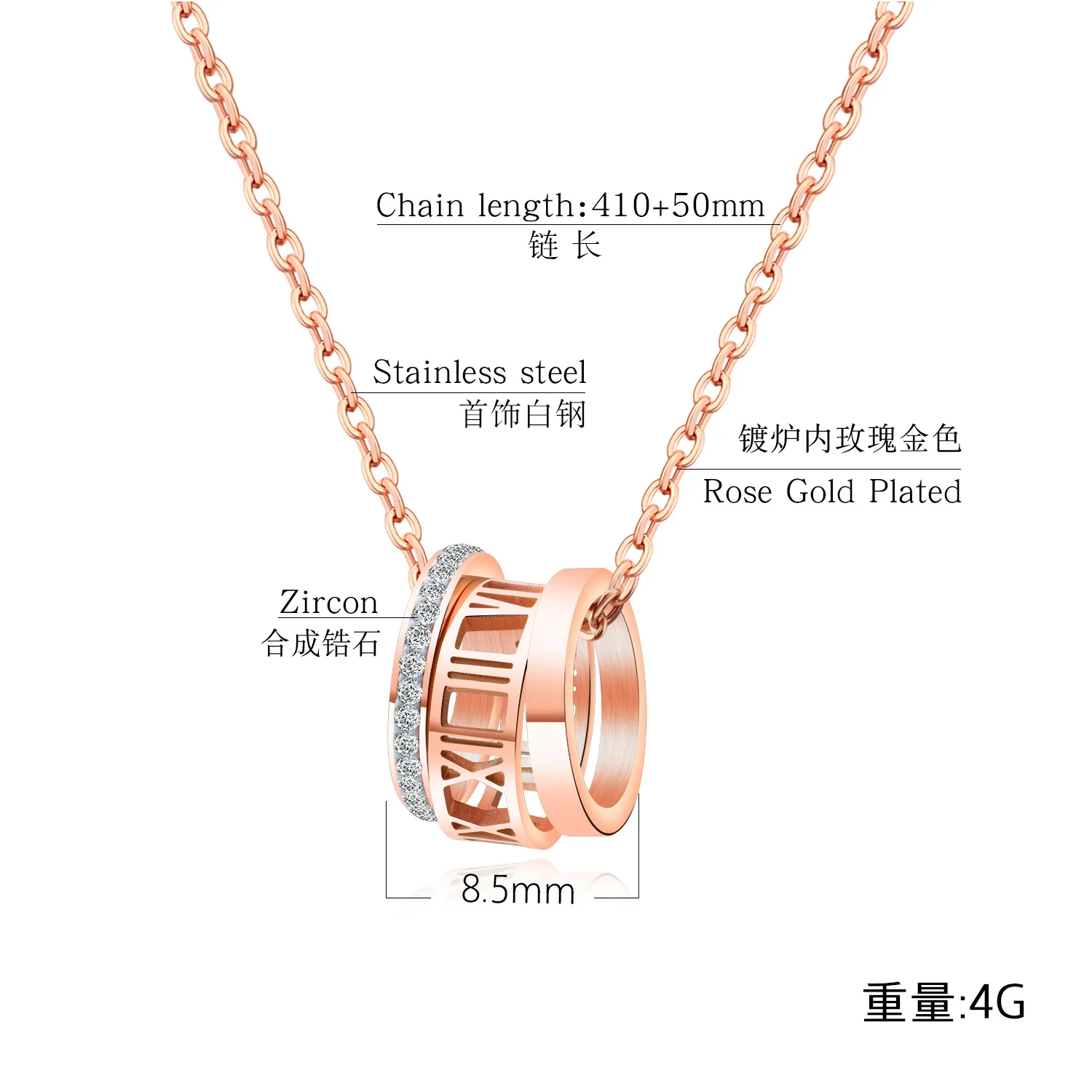 

CH-111 Three Rings Full Diamond Roman Numeral Pendant Necklace Titanium Steel Rose Gold Plated Short Clavicle Chain