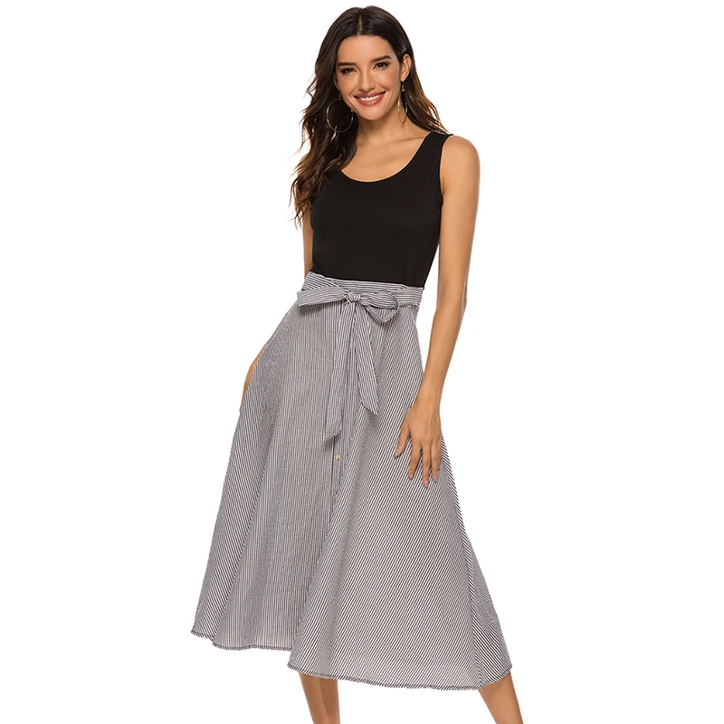 

New High Waist Simple Women Dress Spring And Summer Dresses Stripes Stitching Dresses Sleeveless Bow Belt
