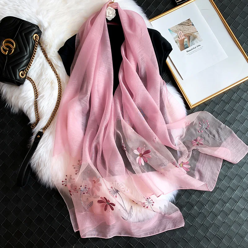 

Fashion Warm Women Autumn And Winter New Korean Silk Wool Embroidered Flower Warm Scarf Light Luxury Temperament Shawls Scarf