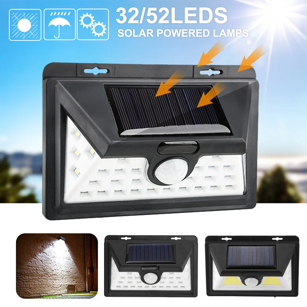 Junejour Solar Lights 32/52 Wall Light Outdoor Security Lighting Nightlight Waterproof IP65 Motion Sensor Detector 1/2PCS |
