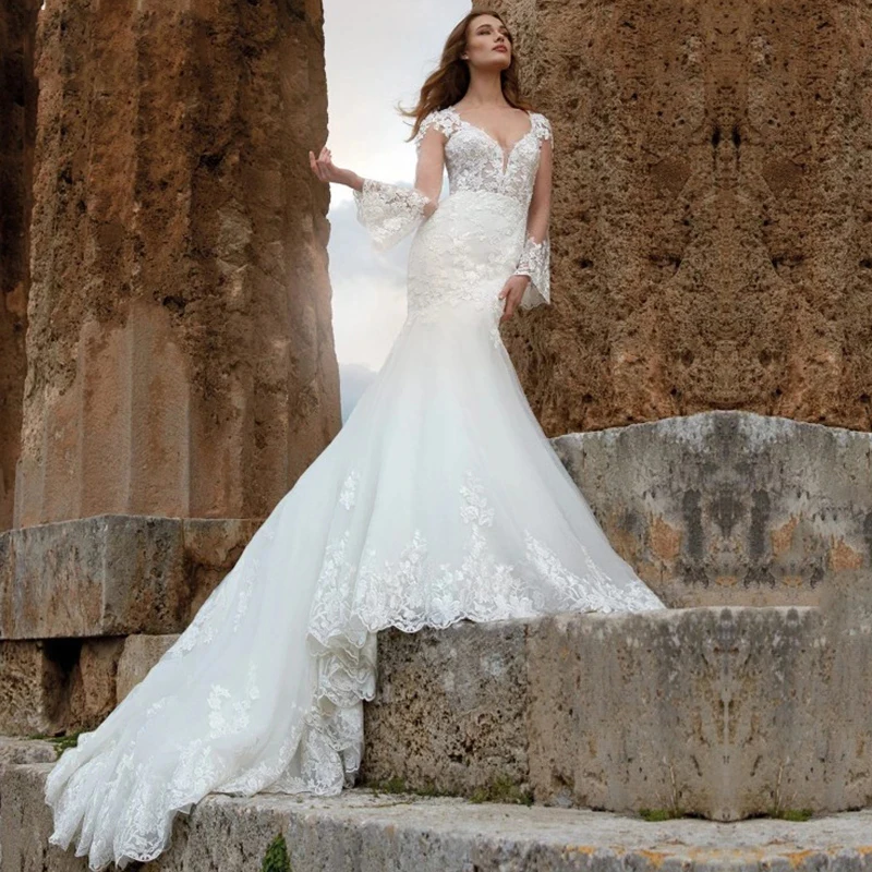 

Роскошное Свадебное платье с кружевной аппликацией и V-образным вырезом, свадебное платье с юбкой годе и расклешенными рукавами, свадебные платья из тюля с иллюзией, Vestido De Noiva