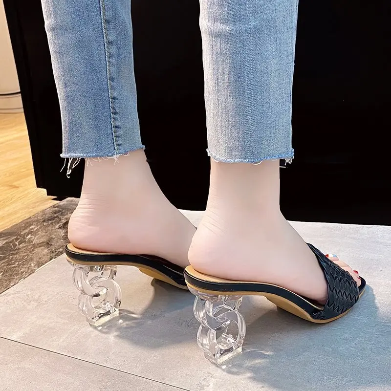 

House Slippers Platform Square heel Shoes Luxury Slides Loafers Women Heels Pantofle Block Soft Designer High Flat 2021 Rubber R
