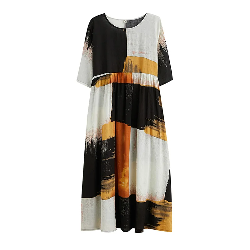 

2021 New Summer Vintage Women Cotton Linen Dress Print Spliced Striped O Neck Short Sleeve Pocket Loose Dress
