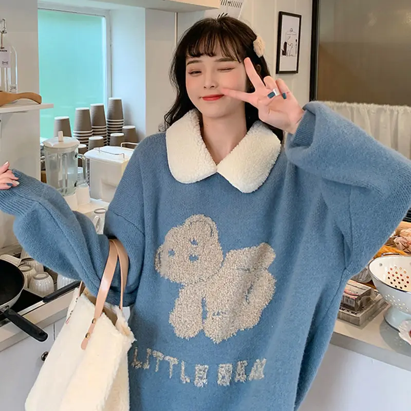 

NEW women Casual Cute bear jacquard hole knitted sweater Autumn winter loose O-neck warm pullover sweater women