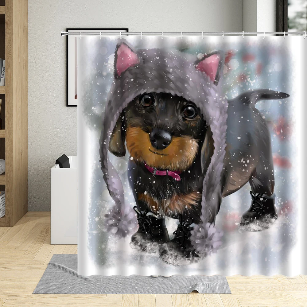 

Pug Chihuahua Dog Cartoons Shower Curtain Water Colors Lovely Puppy Bathroom Curtains Kids Home Decor Screens With 12 Hooks