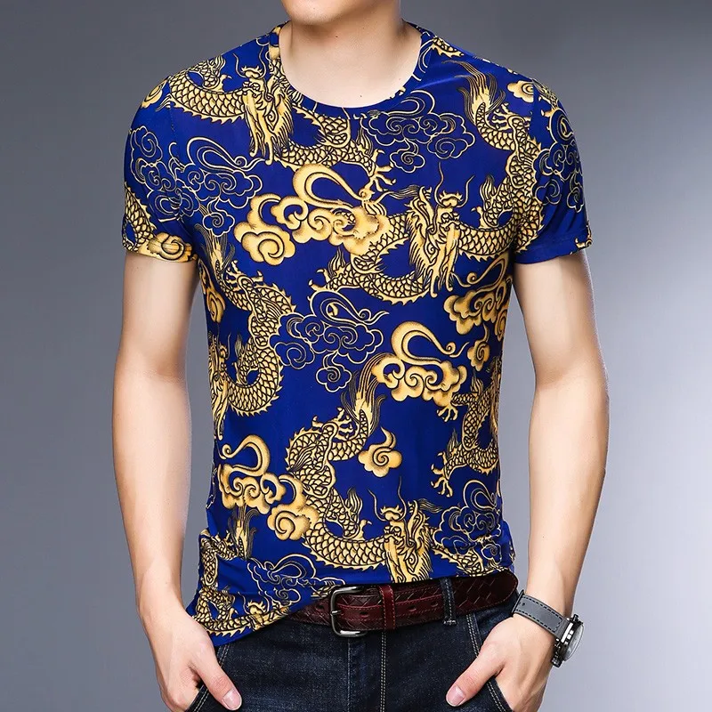 

Vintage Mens Summer Slim Fit Short Sleeve T-shirt Golden Dragon Printed Tees Tops Casual O Neck Pullover Male T-shirts Plus Size