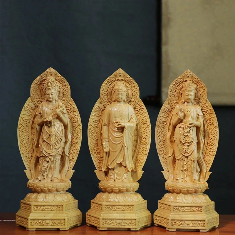 

20cm Wood Carving Buddha Statue Decoration Buddhist Amitabha Guanyin Bodhisattva Western Trinity Feng Shui