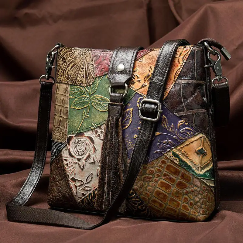 

YourSeason Retro Splicing Geometric Ladies Shoulder Bags 2021 Vintage Embossed Patchwork Messenger Tassel Bag Womens