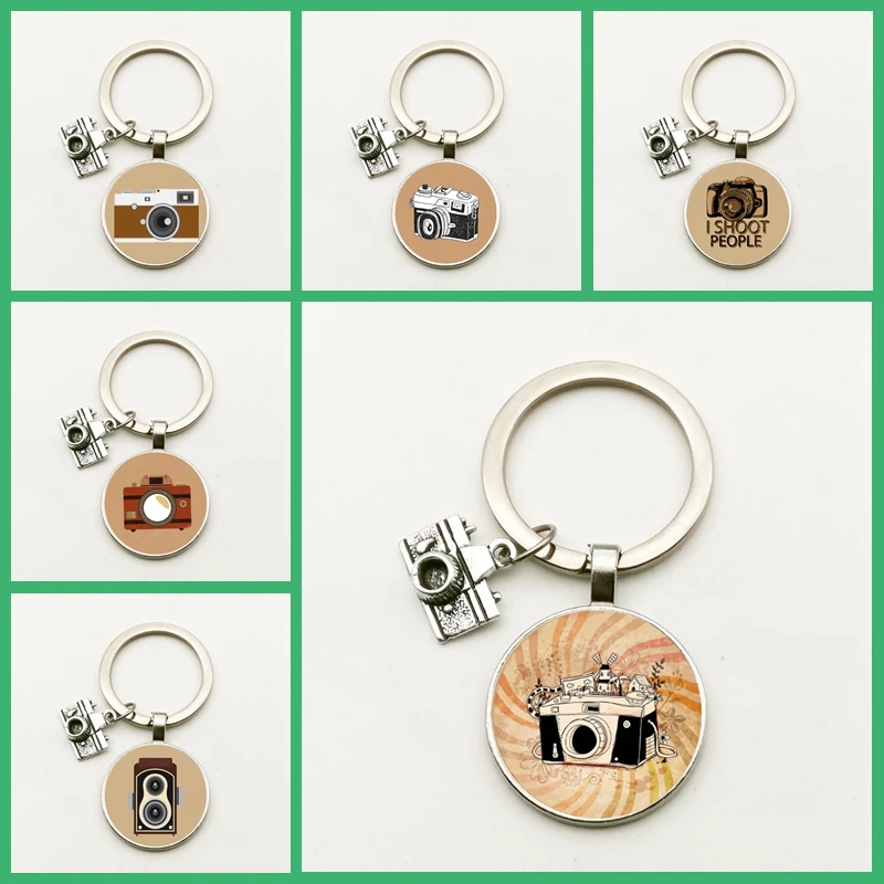 

New Retro Camera Glass Convex Round Keyring Fashion Model Pendant Keychain Photos Gift Cute Pattern Souvenir Charm Bag Men Women