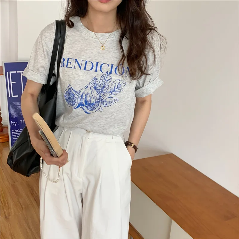 Женская футболка с коротким рукавом Повседневная Свободная простая серого цвета