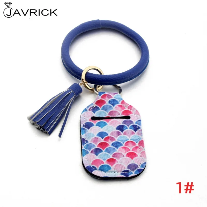 

Rainbow Leopard Flower Print Bottle Key Ring Bracelet Wristlet Leather Keyrings Container Hand Sanitizer Keychain Holder