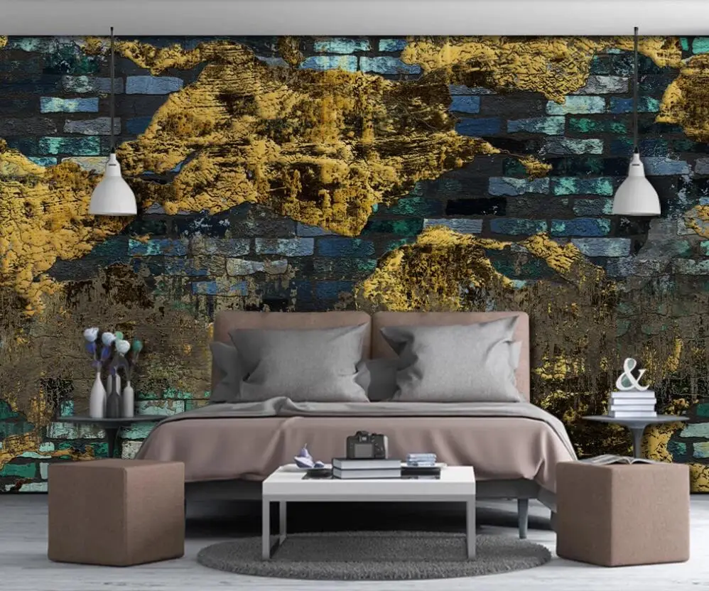 Пользовательские 3D Настенные обои Винтаж Золотая фольга Золотой синий brick