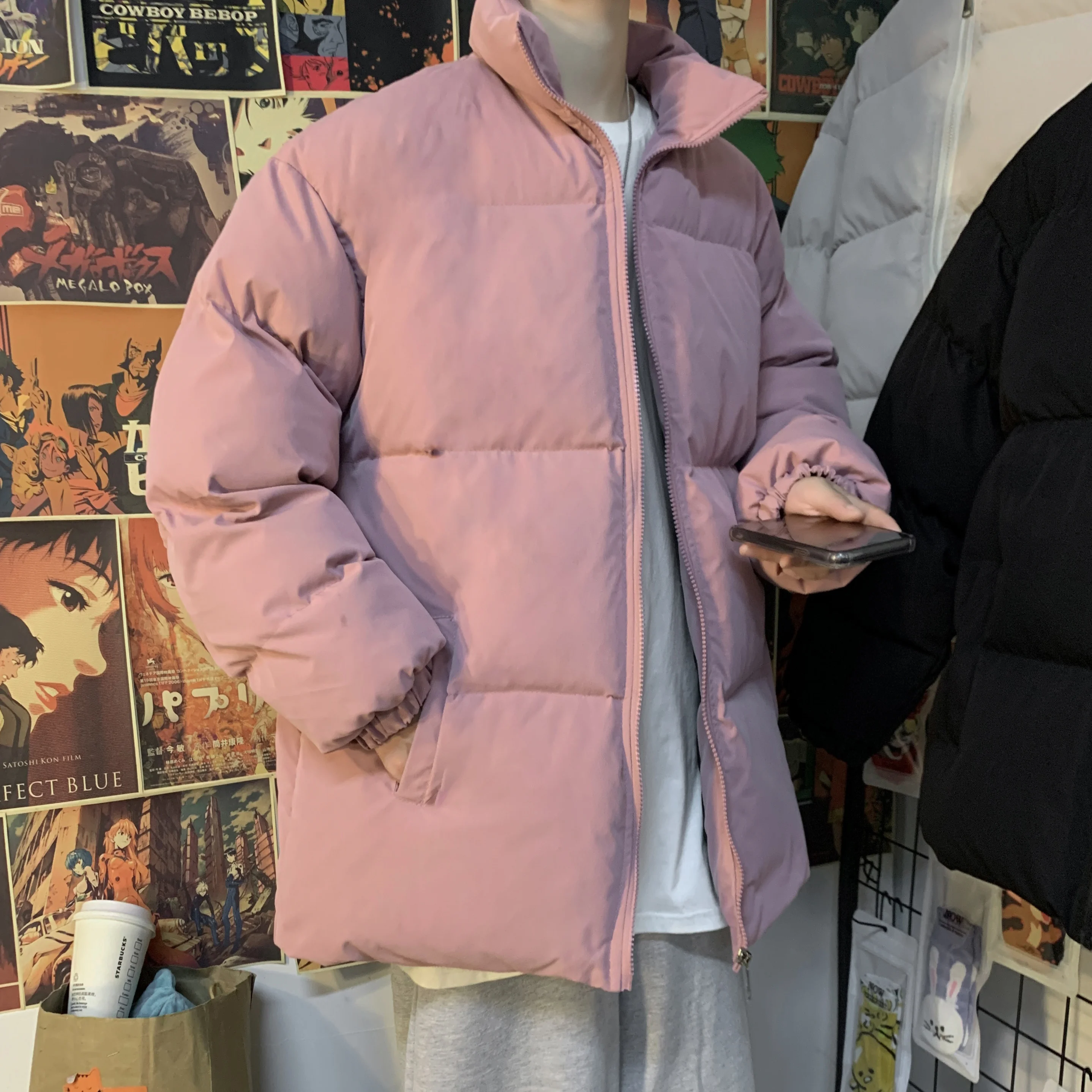 2021 men's solid color warm Hong Kong style cotton padded jacket men's new bread suit stand collar Korean ins trend cotton padde