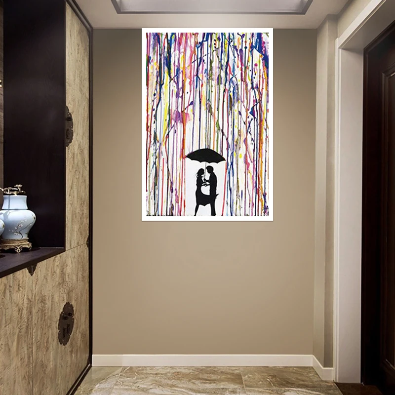 

Nordic abstract oil painting rainbow lovers in the rain canvas painting Banksy poster living room corridor home decoration mural