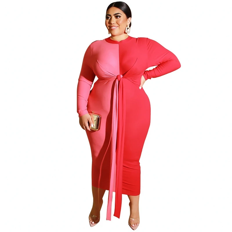 4XL 5XL плюс Размер цветной блок Новое Женское Макси платье с круглым вырезом с длинным рукавом весна осень длинное платье большой размер 3XL сексуальная одежда платья