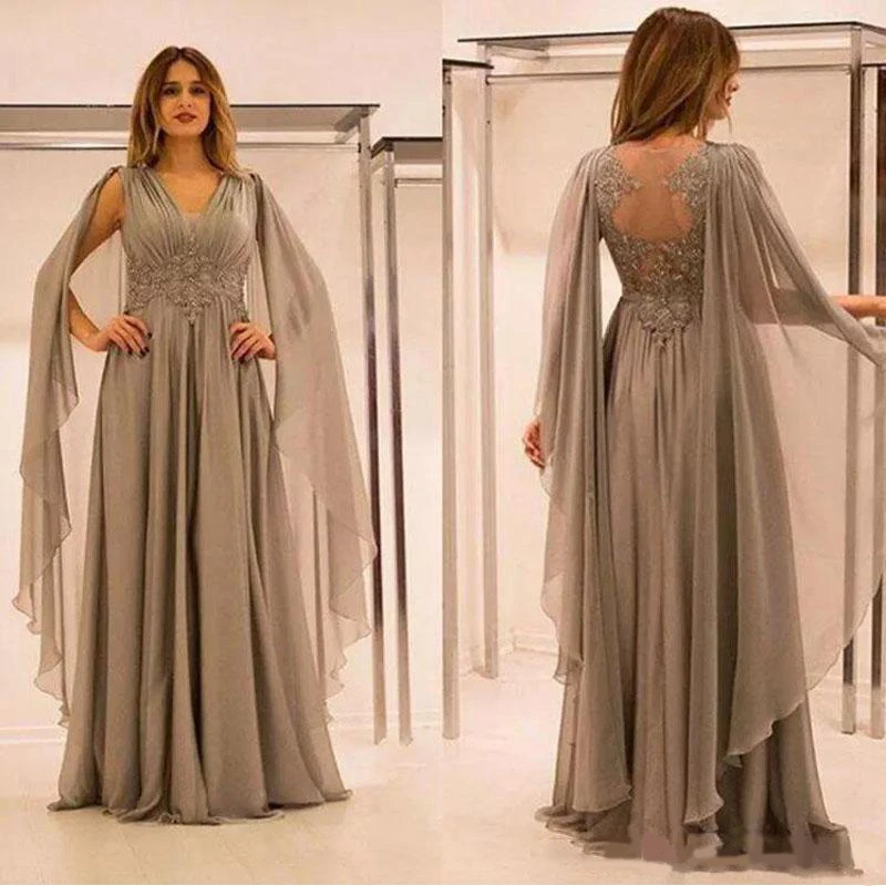 

Elegant Chiffon Beaded Lace Mother of The Bride Dresses 2020 Ruched Illusion Back A Line Groom Godmother Dresses For Wedding