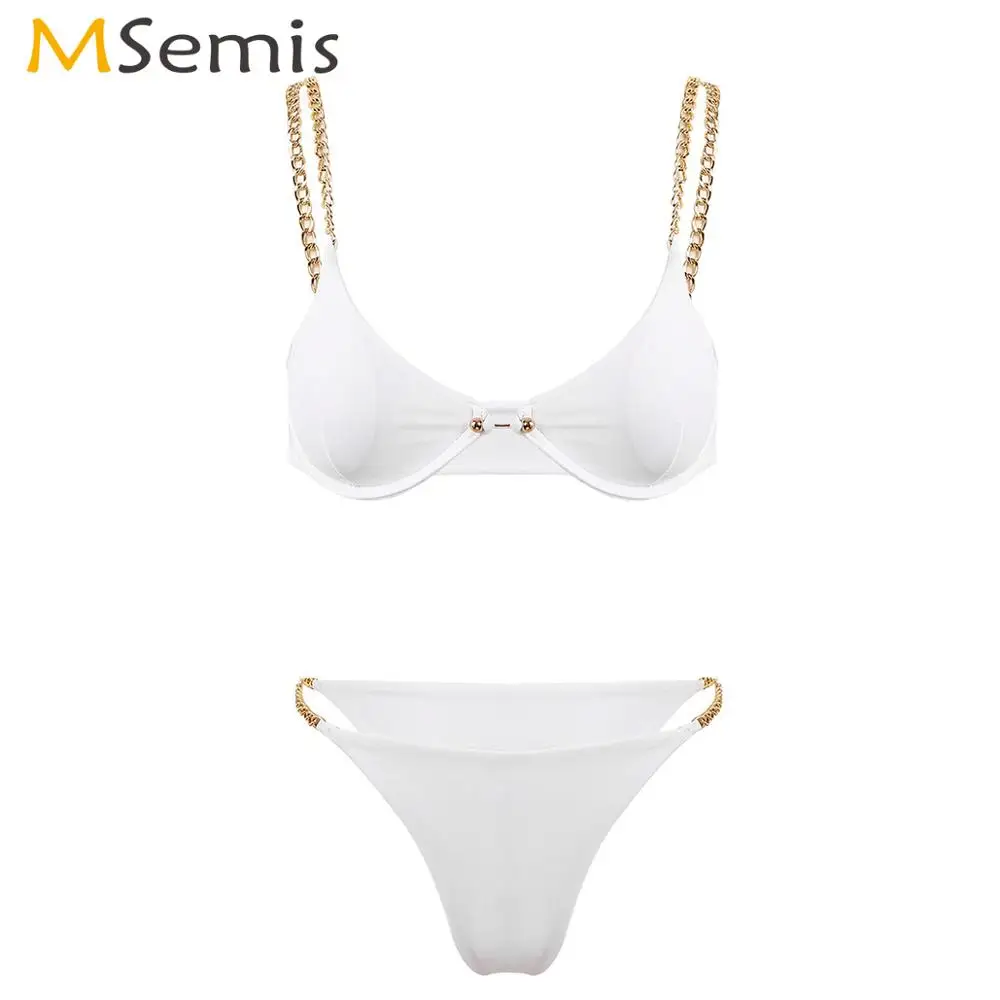 

Женский летний Модный Купальник-бикини, эротический комплект нижнего белья с металлическими цепочками, бюстгальтер с пуш-ап, топ с высоким ...