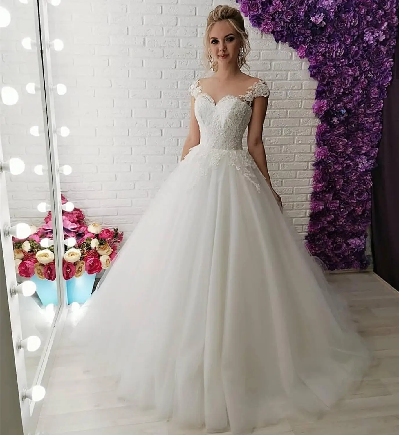 Женское свадебное платье до пола белое ТРАПЕЦИЕВИДНОЕ ПЛАТЬЕ С Рукавом