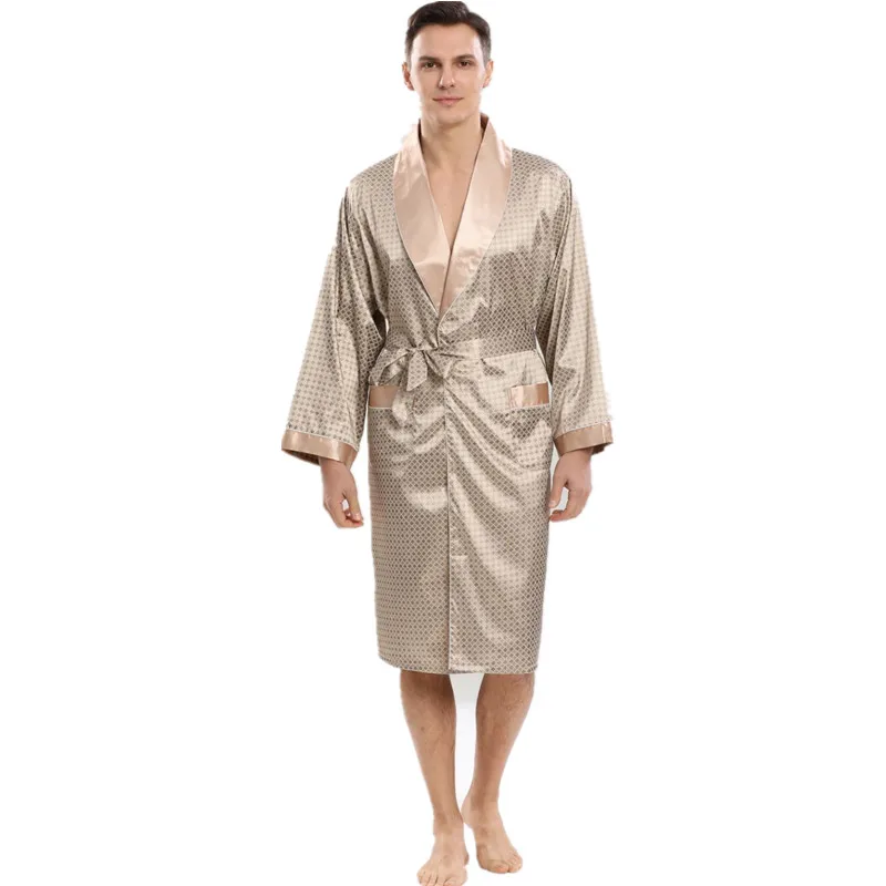 Printing Men Robe Silk Bathrobe Soft Cozy Long Sleeve Nightgown One-Piece Kimono Men Bath Gown Printed Robes Home Sleepwear