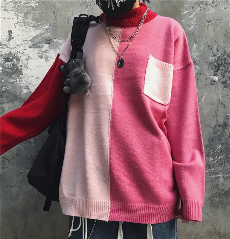 Winter Turtleneck Sweater Men's Warm Fashion Contrast Casual Knit Pullover Men Streetwear Hip Hop Knitting Sweaters Male Clothes
