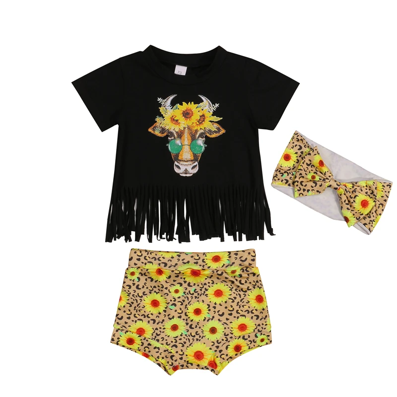 

3 шт. одежда для маленьких девочек, топы с коротким рукавом и бахромой с рисунком крупного рогатого скота и шорты с маргаритками и леопардовы...