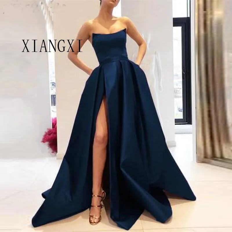 

A Line Strapless High Slit Satin Burgundy Prom Dresses Long Navy Blue Evening Gown with Pockets Formal Dress Women Elegant
