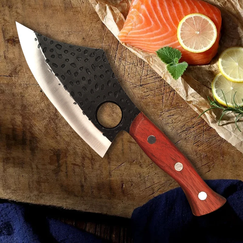 

Boning Knife with Finger Hole Chef Knife Forged Stainless Steel Meat Cleaver Butcher Knife Fish Hunting Kitchen Knife with Cover