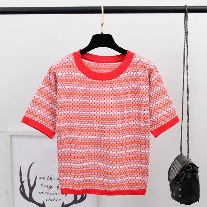 

Hong Kong Style Retro Polka Dot Ice Silk Knitted T-shirt Female Round Neck Short Sleeve Bottoming T-shirt Pullover Women Spring