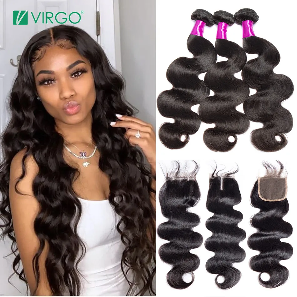 Бразильские волнистые волосы 3 пряди с закрытием человеческие на шнуровке 4