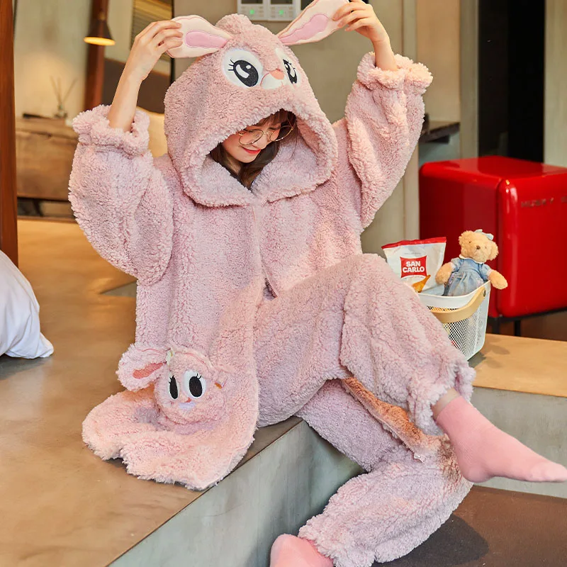 New Women Sleepwear Winter Pajamas Plush Mink Wool Sherpa Loose Version Medium Style Pajama Set Coral Fleece Packed Nightgown