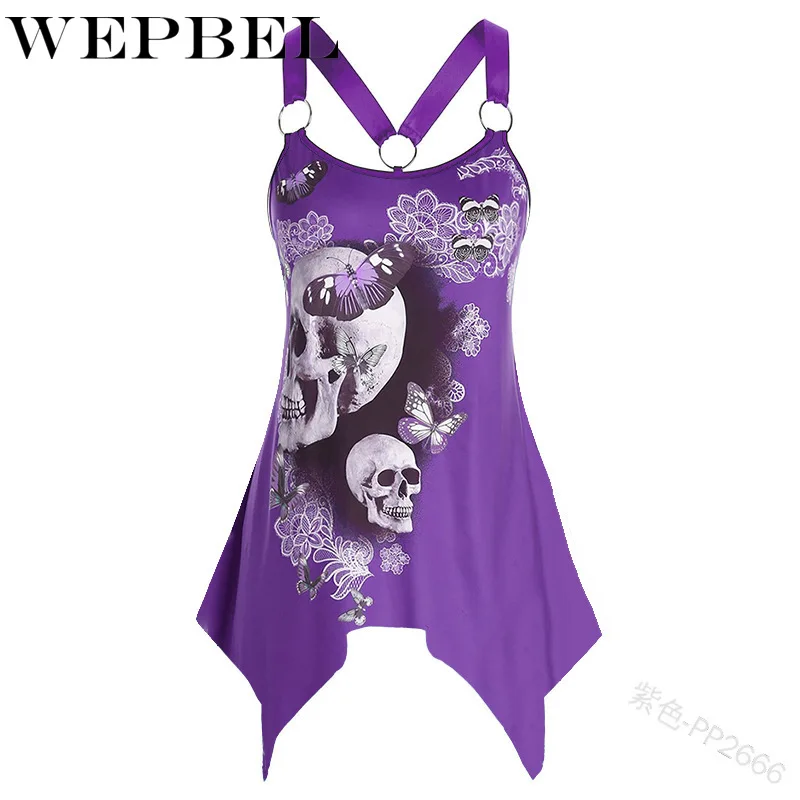 

WEPBEL Women Summer Loose Shirt Casual Skull Print Sleeveless Halter Irregular T-shirt Top