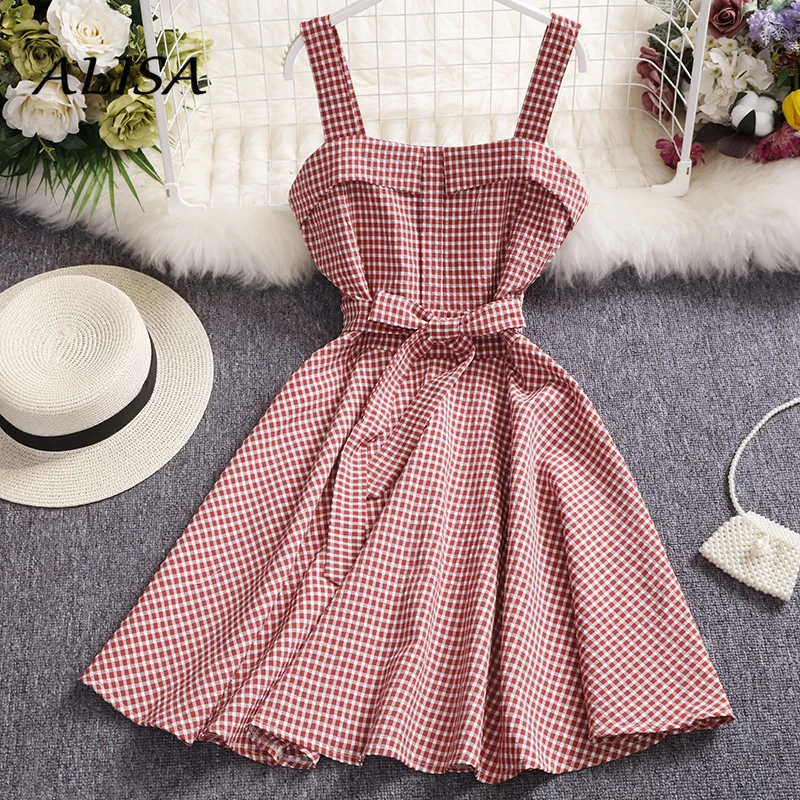 Женское Повседневное платье летнее модное клетчатое на тонких бретелях