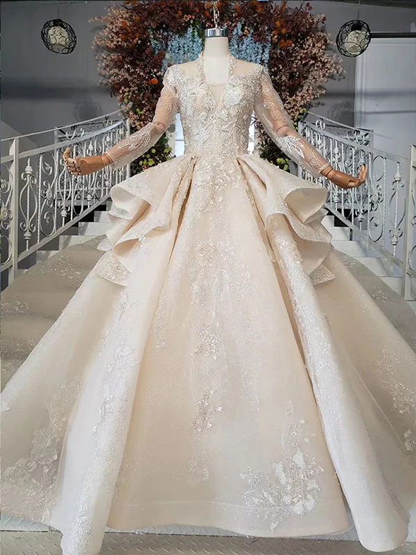 as picture HTL958 роскошное Бальное Платье, Свадебные Платья с v-образным вырезом и аппликацией, свадебные платья с пуговицами на спине цвета шампанского, vestidos novias boda - Цвет: as picture