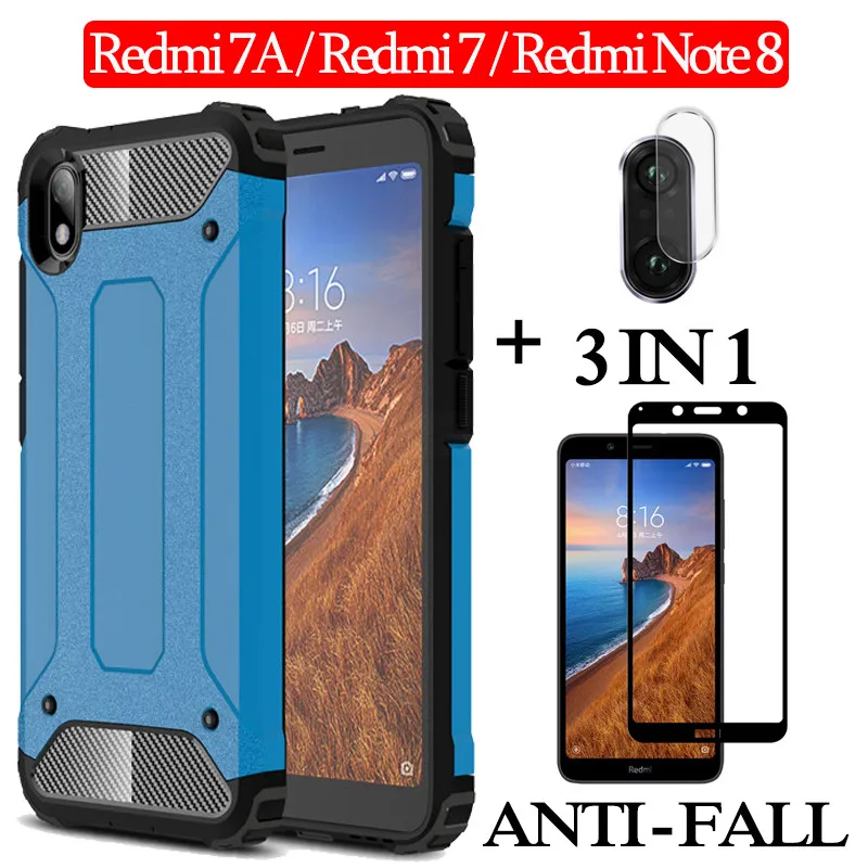 

3-in-1 película,Glass + Armor Case Redmi7 A Hard Silicone Case Redmi-Note-8-Pro Full Cover for xiaomi note8 t redmi 7a Back Case